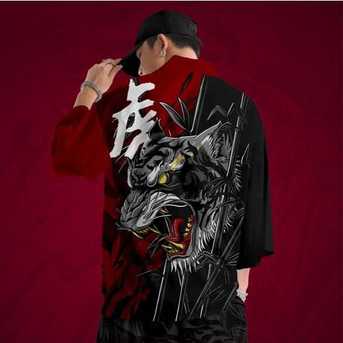 Tiger Printed Black Kimono Cardigan Men Japanese Traditional Casual Loose Thin Set Coat Pants Asian Clothes Harajuku