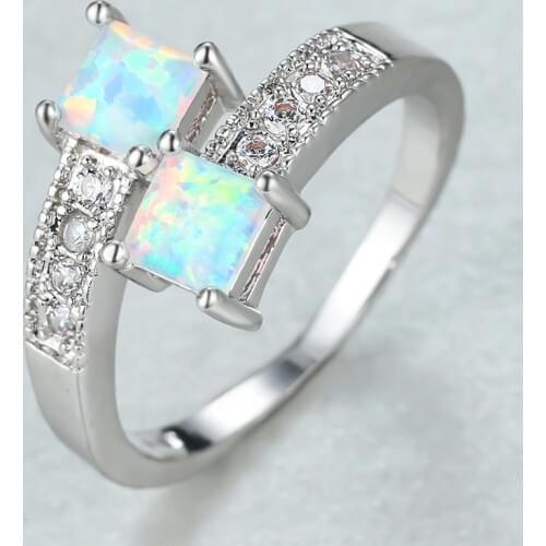 White Fire Opal Square Stone Ring White Round Small Zircon Rings For Women Wedding Jewelry Fashion Silver Color Birthstone Ring