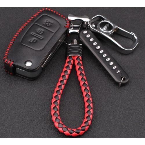 Leather Key Case For Car 3 Buttons Car Key Cover For Ford Fiesta Focus 2 Ecosport Kuga Escape With Keychain Phone Number Card