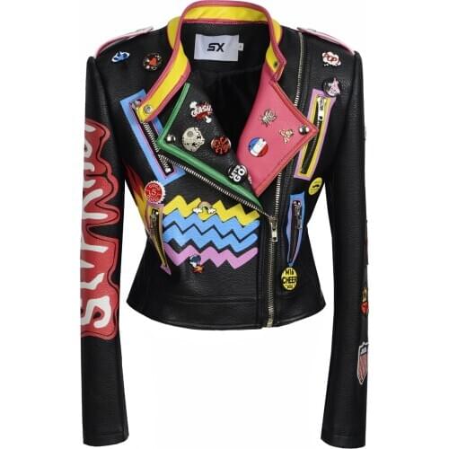 New Autumn Winter Women Faux Leather Jackets Badge Coats Lady Black PU Rivet Zipper Epaulet print Graffiti Motorcycle Streetwear