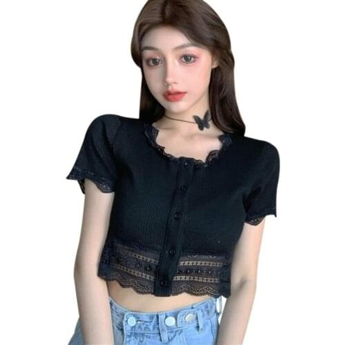Summer Solid Knitted Short-sleeved T-Shirt Womens Fashion New Round-Neck Button Short Section Exposed Navel Tops