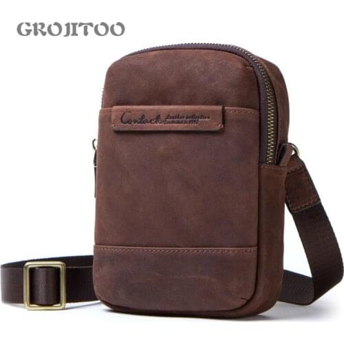 GROJITOO Crazy Horse cowhide mens running bag multi-functional leather shoulder bag vintage mobile phone mens waist bag