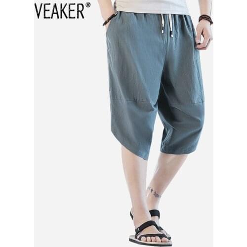 2021 New Mens Summer Cotton Linen Shorts Casual Breathable Solid Color Chinese Style Knee Length Short Trousers M-5XL