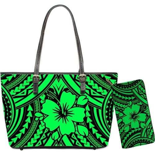 New 2021 Lady Handbags&Purses Set Polynesian Tribes Flower Printed Shoulder Bags For Women Casual Tote Bag Custom Handbag Wallet