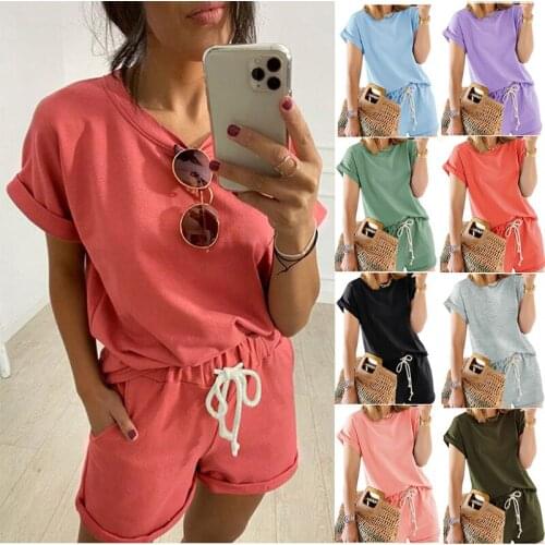 2021 summer new ladies home wear casual fashion roll-sleeved solid color short-sleeved pants suit