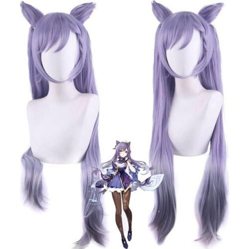 Genshin Impact Wig Keqing Halloween Cosplay Women Purple Long Straight Ponytails Ears Horns Pigtails Heat Resistant Wigs
