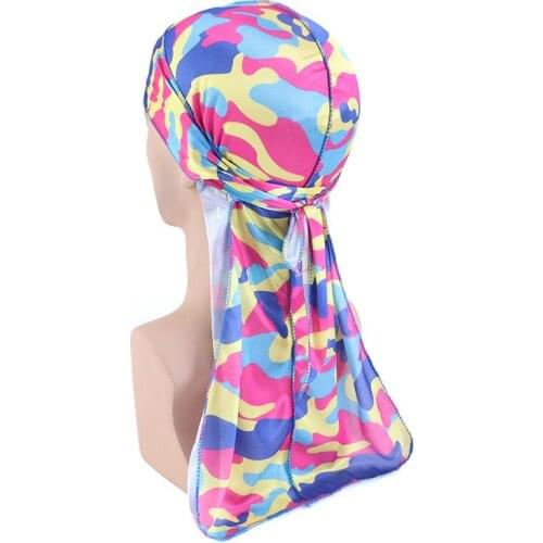 30PCS/LOT Camouflage Printed Long Tail Pirate Hat Silky Satin Durags Bandana Mens Silky Durags Turban Hat