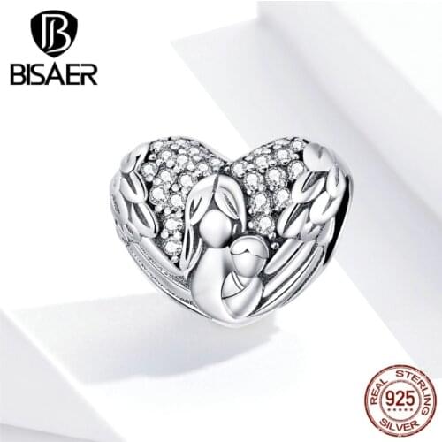 Angel Mother Charms BISAER 925 Sterling Silver Mom with Angel Feathers Wings Charms Original Silver 925 Jewelry Making ECC1462