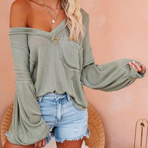 Autumn Off Shoulder Lantern Long Sleeve Knitted Pullover Women Sexy V Neck Pocket Blouse Shirts Spring Pure Loose Streetwear Top