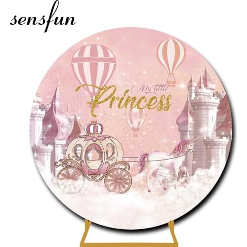 Sensfun Pink Castle Carriage Hot Air Balloons Round Backdrop Cover Princess Girls Newborn Baby Shower Birthday Party Background