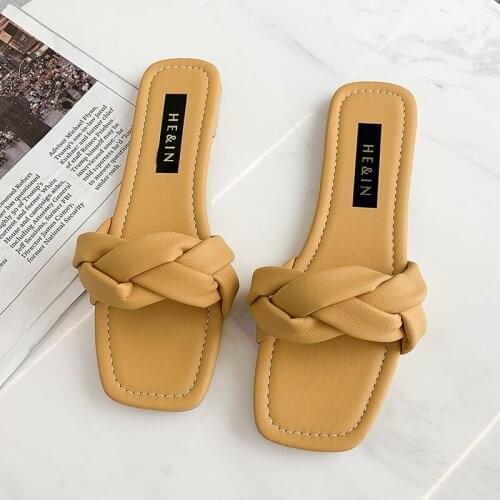 Soft Leather Slippers Women New Summer Shoes Woman Square Toe Sandals Flat Beach Female Fashion Square Toe Zapatillas Mujer