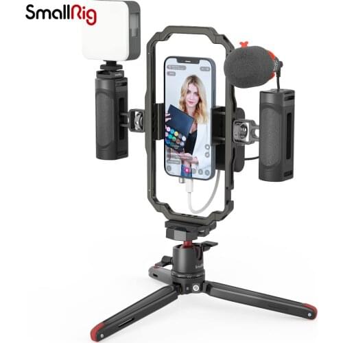 SmallRig DSLR SLR Phone Vlog Tripod kit Hot Shoe Phone Holder Mini Tripod with Double Handle Remote Control Microphone LED Light