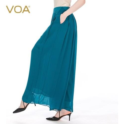 VOA Silk 12m/m Miqinglan Georgette Tuck Stitching Side Zipper Ladies Elegant Fashion Wide Leg Skirt KE128 Woman Pants