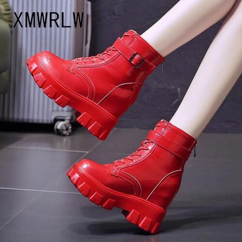XMWRLW Patent Leather Women Ankle Boots Height Increasing Autumn Shoes Women Ankle Boots 2020 Autumn Solid Color Ladies Shoes