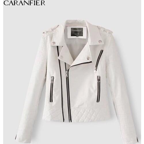 CARANFIER Women Leather Jacket Winter Fall Ladies Coats Soft Faux Jacket Zipper Fashion Plaid Moto Biker Slim Streetwear EU SIZE