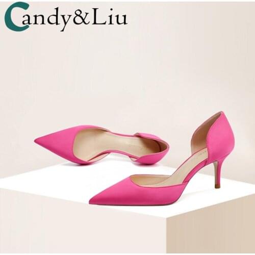 Rose Red Satin High Heels Womens 2021 Summer New Cheongsam Hollow Pointed Thin Heel Middle Heel Shallow Shoes Women