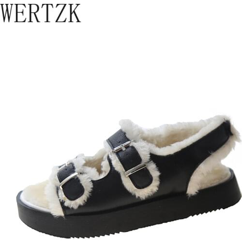 Women Wool Furry Fur Sandals Double Buckle Band Cotton Sandales Female Winter Shoes Celebrity Add Cashmere Sandalias Mujer 2022