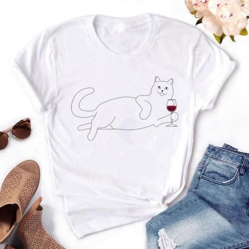Cat drinking red wine Print Women t shirts Ladies Hot Tops Female Clothes Summer Casual Short Sleeve O-Neck Funny tshirts
