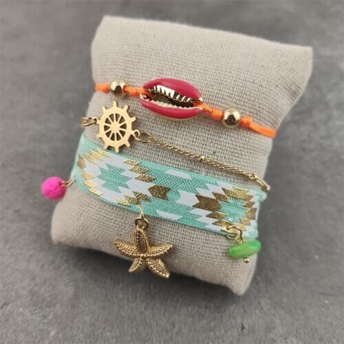 2020 Trendy Jewelry Boho Tassel Round Beads Bracelet Set for Women Bohemian Vintage Multilayer Shell Pendant Bracelet