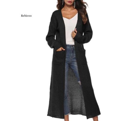 Womens Long Sleeve Open Front Cardigan Maxi Long Side Split Solid Color Knitted Sweater Irregular Slim Coat with Large Pockets