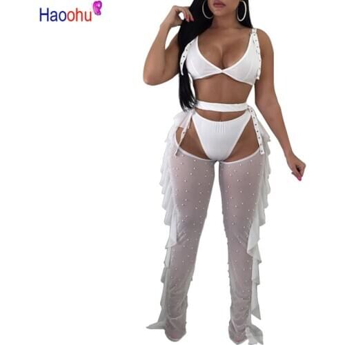 HAOOHU Sexy Outfits 3 Piece Set Women Summer Crop Top+Briefs Shorts+Beading Sheer Mesh Pants Suit Party Nightclub Matching Sets