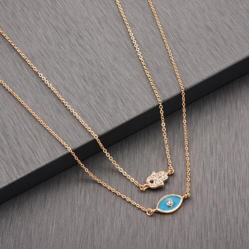 Todorova Double Layered Blue Enamel Evil Eye Necklaces for Women Accessories CZ Crystal Hamsa Hand Pendant Necklace Jewelry Gift