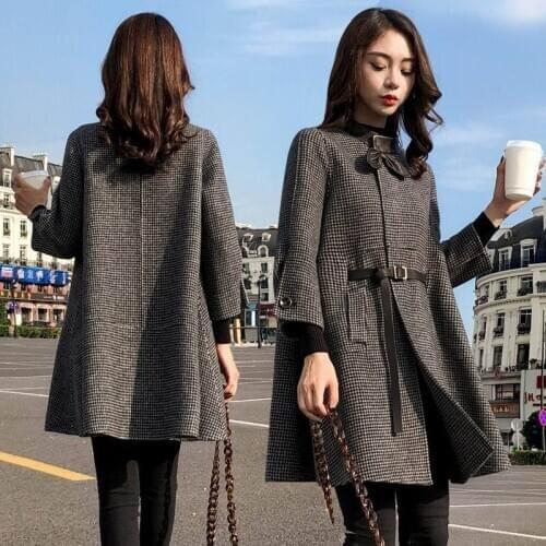 2020 Autumn Winter New Korean Loose Wool Cloak Coats Houndstooth Overcoats Womens Warm Stand Collar Single-breasted Coat Long