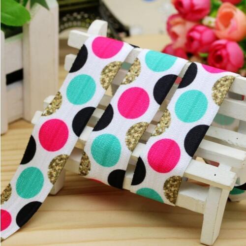 1'' Free shipping Fold Elastic FOE love polka gold dots printed headband headwear hairband diy decoration wholesale OEM P5551