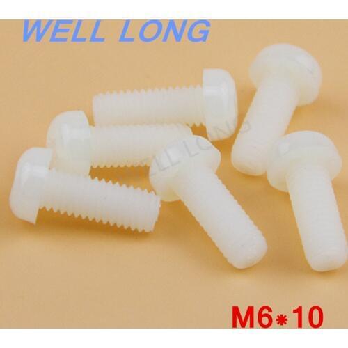 100pcs/lot M6*10mm White Round head cross nylon screws, pan head plastic screws, plastic bolts