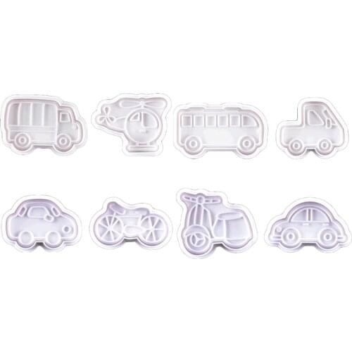 8pcs Bicycle Car Pattern Plastic Baking Mold Kitchen Biscuit Cookie Cutter Pastry Plunger 3D Cake Decorating P15D