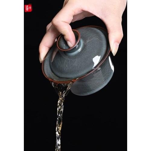 Longquan Celadon Handmade Sancai Gaiwan Tea Cup Single Ceramic Large Size Tea Brewing Bowl Ge Kiln Ice Crack Kung Fu Tea Set