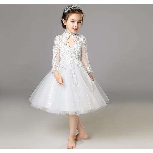Elegant White Lace Sequin Girls Dress Long Sleeve Girl Princess Dress Girl Wedding First Communion Dress for Pageant Formal
