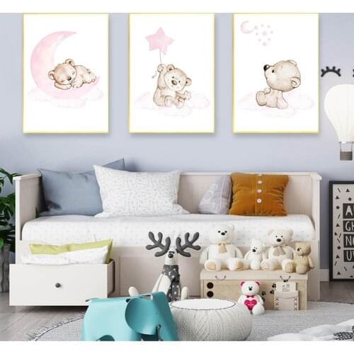 Painting Nordic Kid Baby Room Decoration Picture Pink Bear Moon Star Child Nursery Print Cartoon Animal Wall Art Canvas