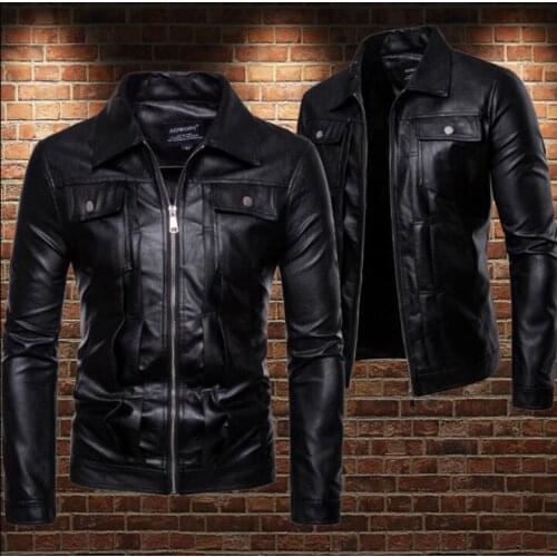 Casual fashion motorcycle leather jacket men loose pu clothes mens leather jackets Multi-pocket lapel coats biker black S - 2XL