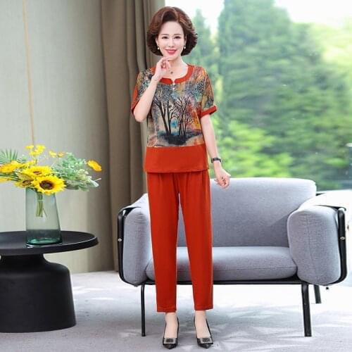 2021 New Summer Womens Sets Middle-Aged Elderly Mothers Printing Tops t-shirt+ Pants Suits Two-Piece Sets Plus Size 5XL