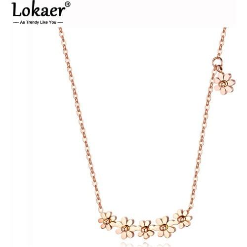 Lokaer Trendy Titanium Stainless Steel Six Daisy Flowers Pendant Necklaces Rose Gold Bohemia Party Jewelry For Women N17087