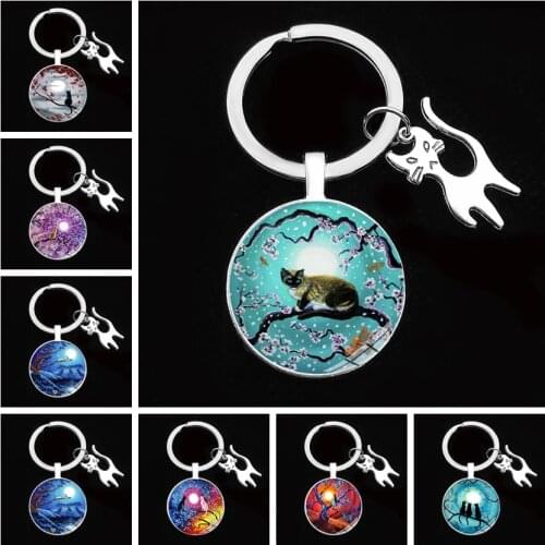 Cute Anime Cat Under Night Sky Keychain with Cat Pendent Fashion Animal Women Purse Bag Car Pendant Key Chain Ring Holder