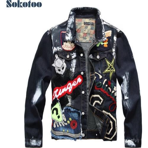Sokotoo Mens badge patches painted blue black denim jacket Trendy beauty patchwork long sleeve coat Outerwear