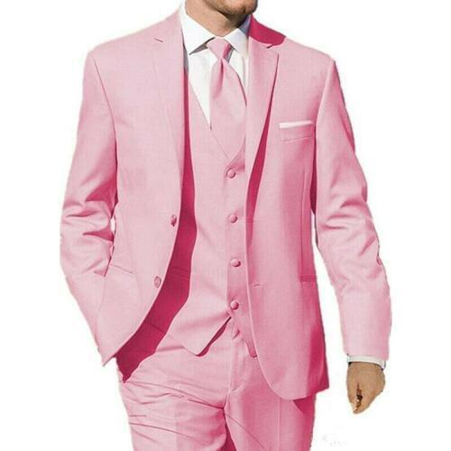 Summer Beach Pink Mens Suits Handsome Slim Fit Two Button Wedding Tuxedos Business Prom Party Blazer Jacket (Jacket+Vest+Pants)