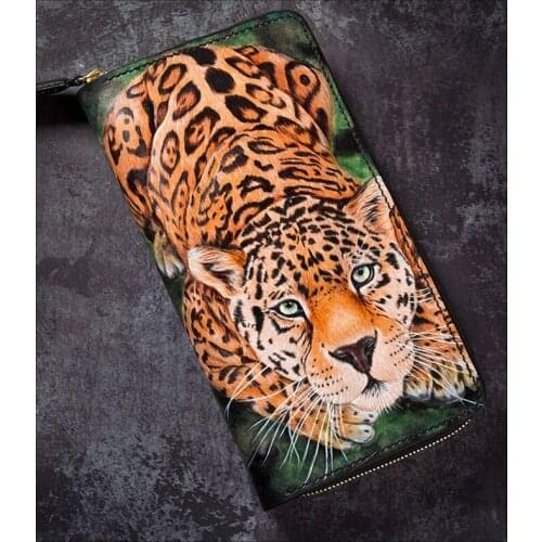 Handmade Genuine Leather Wallets Leopard Purses Men Long Clutch Vegetable Tanned Leather Wallet Card Holder