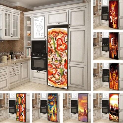 Delicious Pizza Flame Flower Skeleton Print Wall Sticker to Cover Fridge Door Natural Scenery Poster Refrigerator Wrap Wallpaper