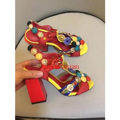 New Design Bohemia Women Sandals Chunky High Heel Party Shoes Beaded Flowers Balls Dress Shoes Crystal Heels Ladies Pumps Red