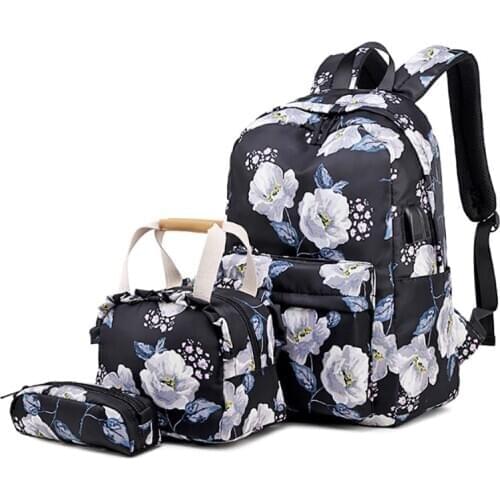 Wholesale School Backpack Set Casual Travel School Bookbag Teens Girls Boys Schoolbag with lunch box USB Charging 30pcs/Lot