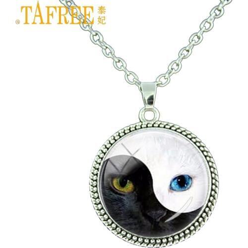 TAFREE Yin Yang blue eye cat glass pendant color chain necklace vintage animal art jewelry for men women necklaces ES165