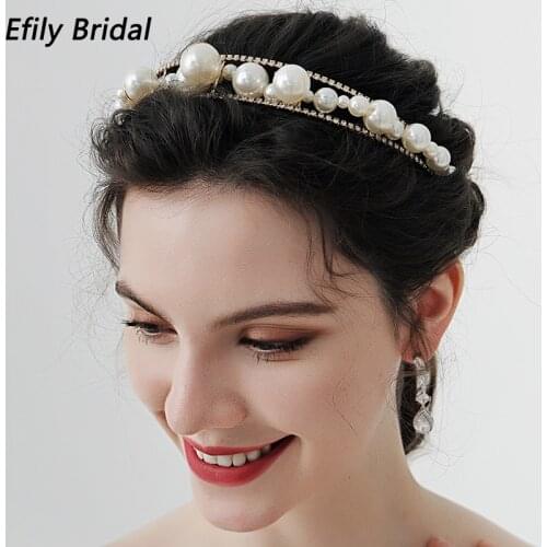 Efily Bridal Wedding Crown Headbands Pearl Tiaras and Crowns for Women Hair Accessories Rhinestone Hair Jewelry Party Headpiece