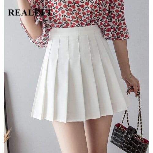 REALEFT 2021 Summer Pleated Skirt Female Fashion Chic Short Skirt Spring High Waist Solid Color Mini Length White Skirts Female