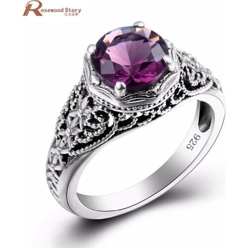 Handmade Skull Round Created Purple Crystal Rings Solid Genuine 925 Sterling Silver Retro Ring Fashion Vintage Jewelry For Women