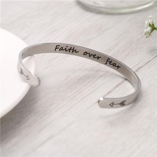 Wide 6mm Cuff Trendy Faith over fear Keep Going Bracelets Titanium Encouragement Bangle For Men Women Jewelry