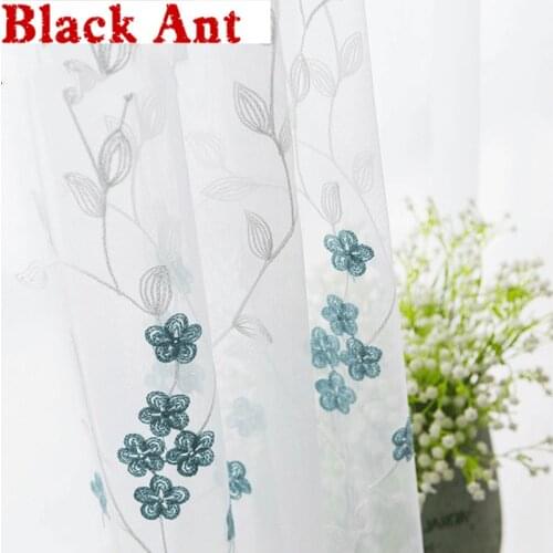 Blue Flowers Curtain Sheer Fabric Living Room Window Screen Embroidery Voile Tulle Curtain Sheer Drape Rustic Blinds M148#30