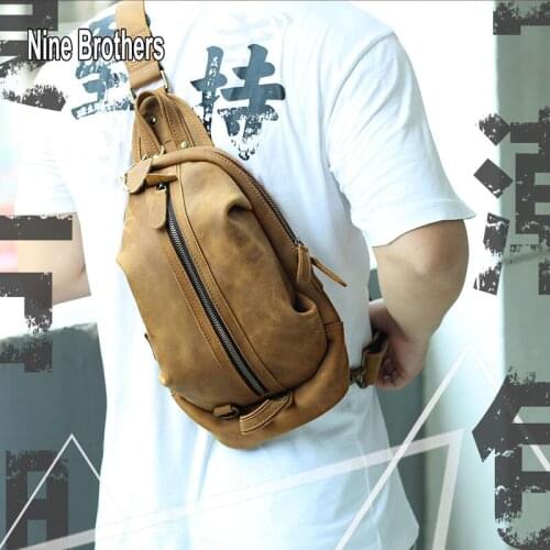 Trendy Leather Mens Shoulder Bag Genuine Cowhide Large Capacity Bags Over The Shoulder Male Ipad Sling Bag Travel Sport Packs